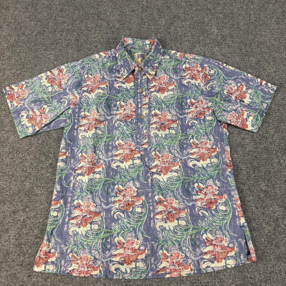 Kahala Shirt Mens Medium Blue Green Floral Aloha Hawaiian Made in USA Avi